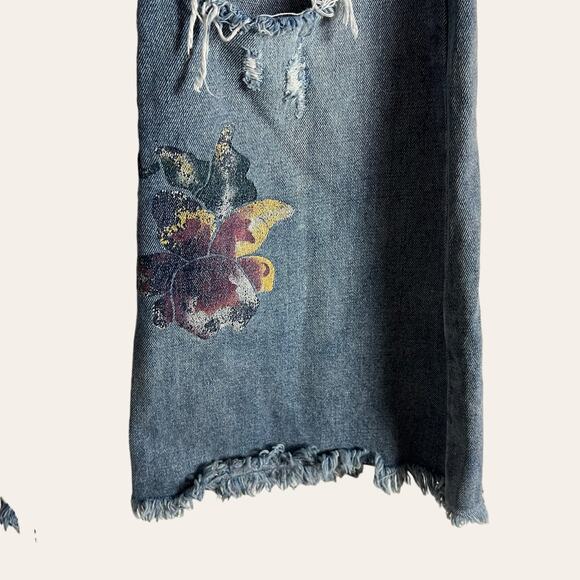 One Teaspoon Orchid Flare Leg Distressed Floral Patch Pocket Jeans 25 - Picture 12 of 16